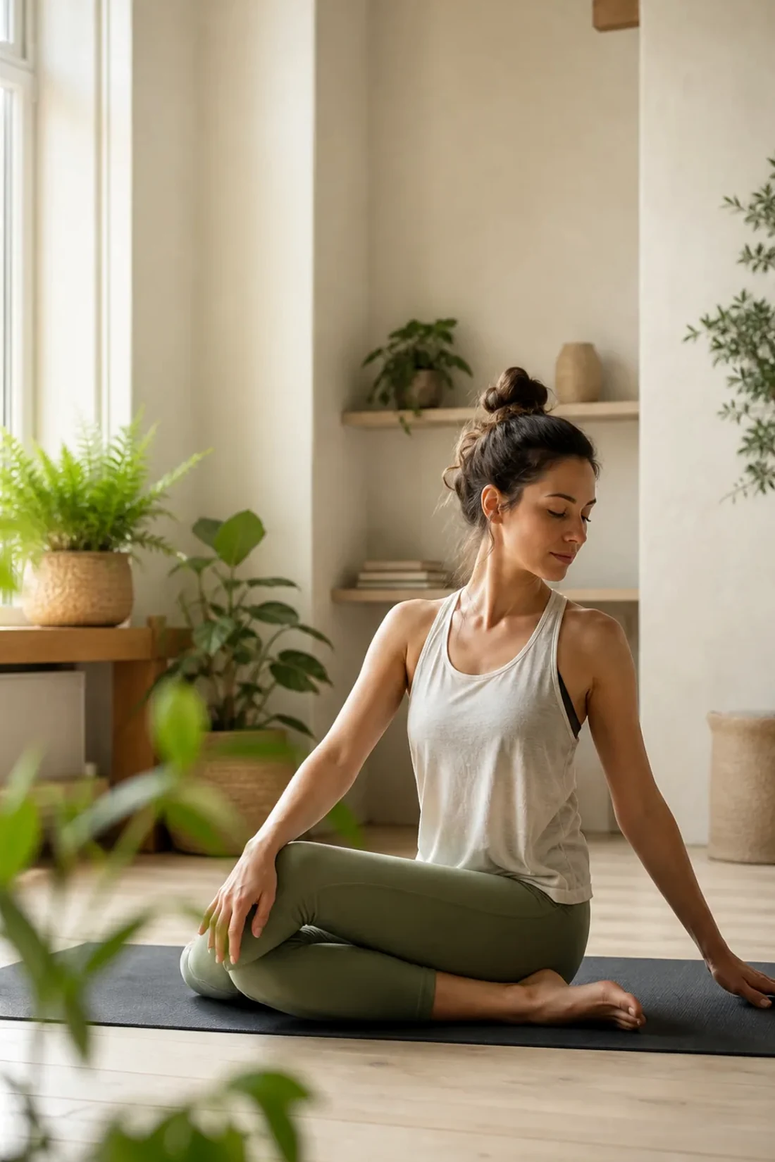 Pratique douce de yoga dans une pièce lumineuse avec des plantes