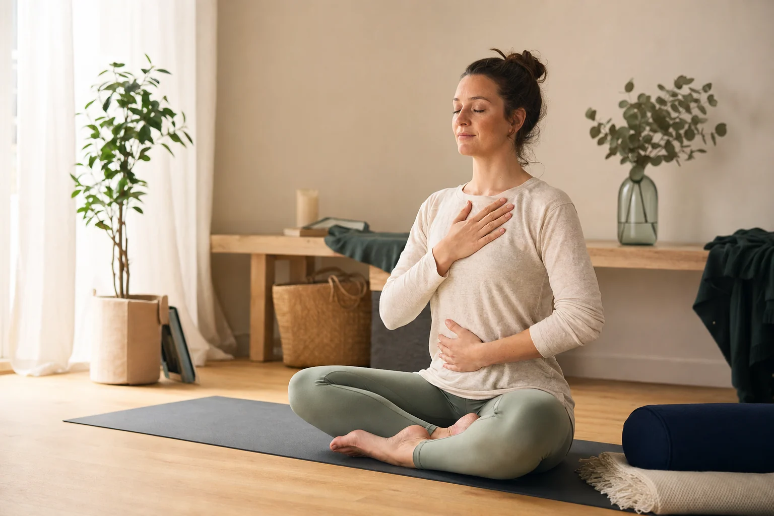 Personne assise sur un tapis avec une main sur le ventre et une main sur la poitrine pour observer sa respiration
