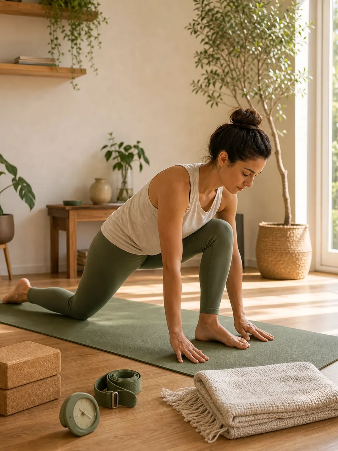 Posture de yoga matinale simple avec tapis, couverture, blocs, sangle et minuteur