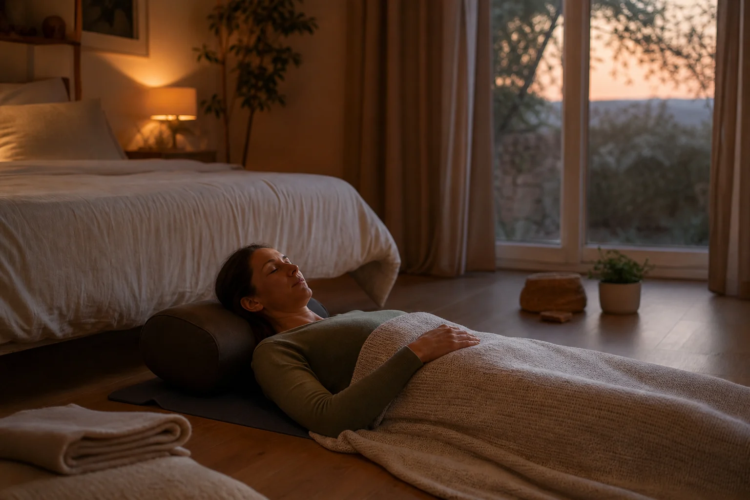 Personne allongée sous une couverture dans une pièce calme pour préparer une séance de yoga nidra du soir