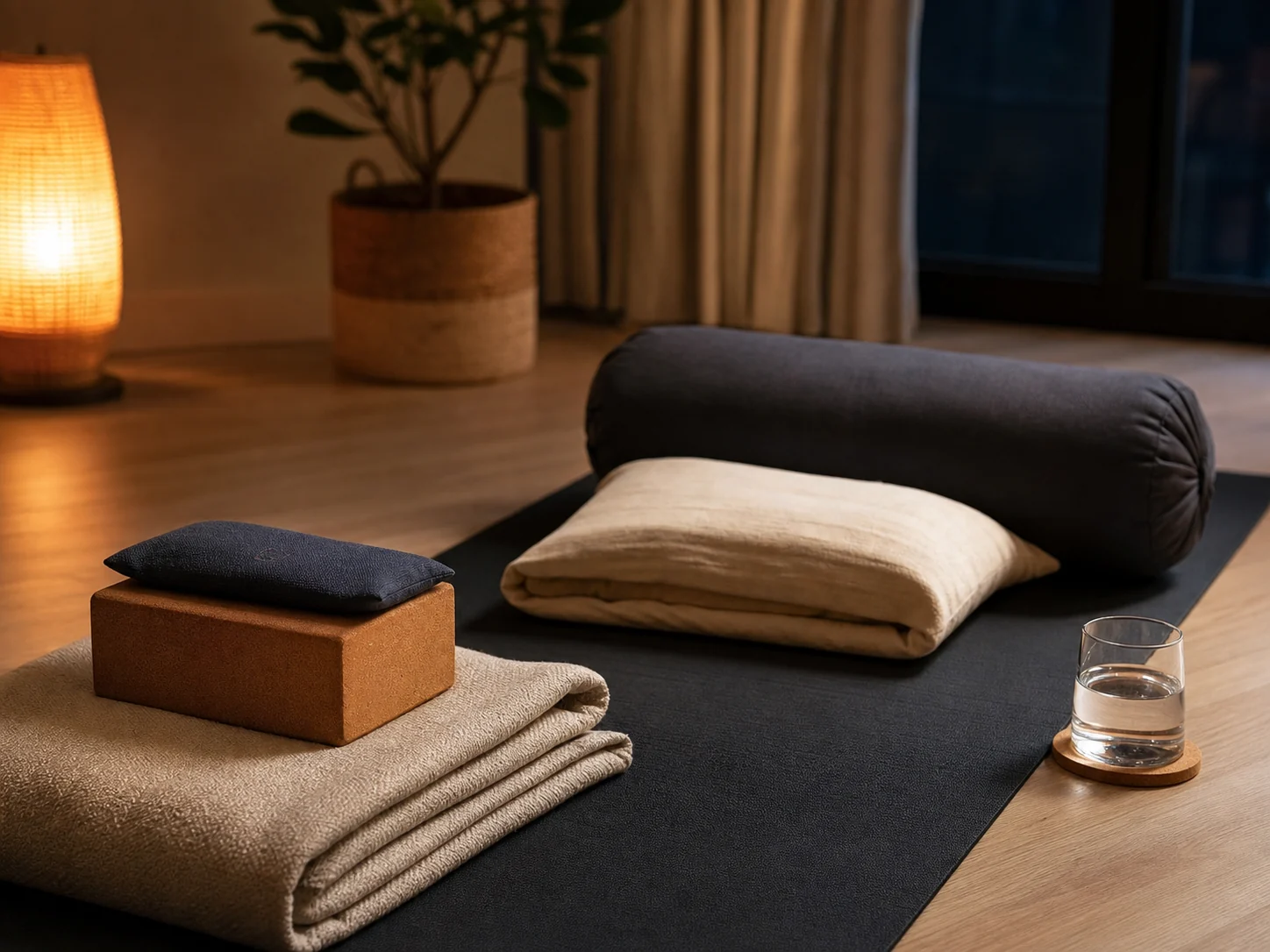 Tapis, couverture, coussin et verre d'eau préparés pour une relaxation du soir
