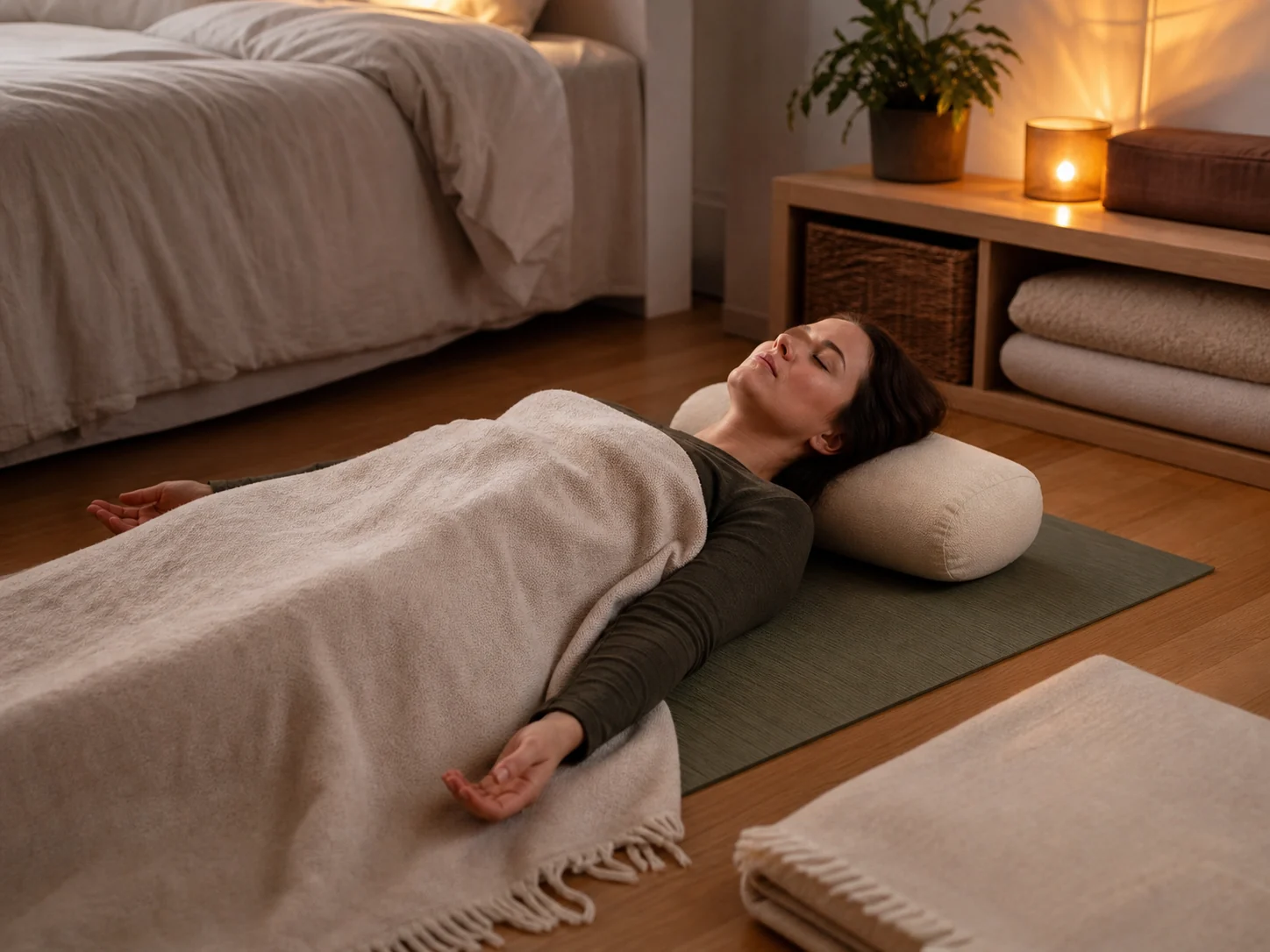 Personne allongée et soutenue par un coussin pendant une relaxation de yoga nidra