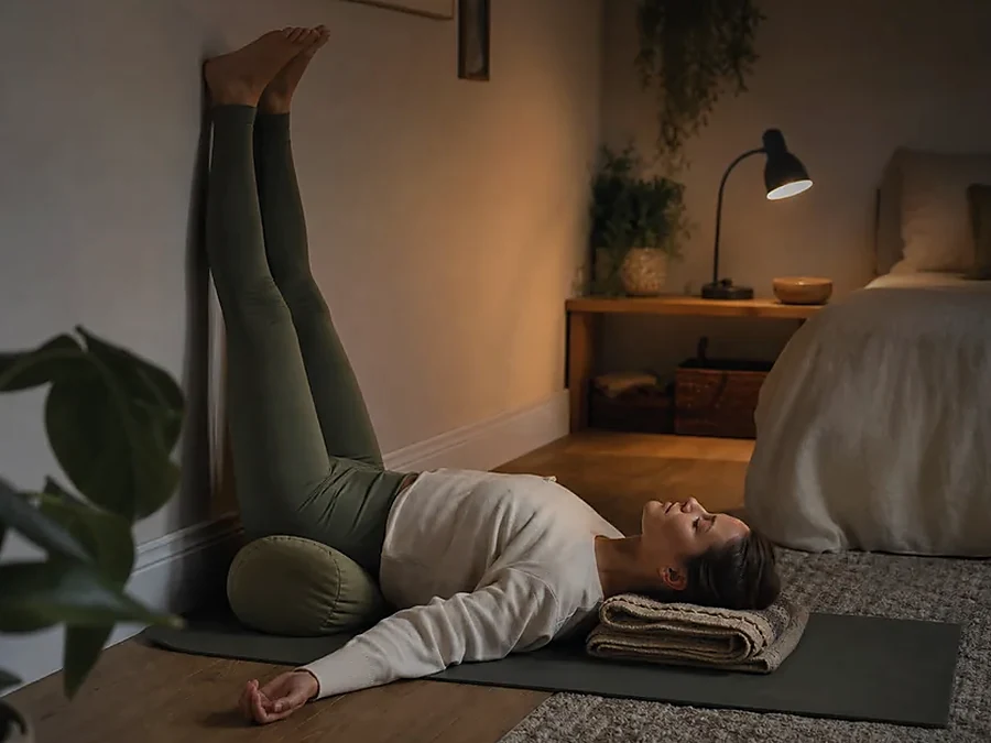 Personne en posture de repos jambes contre le mur dans une chambre calme avant le coucher