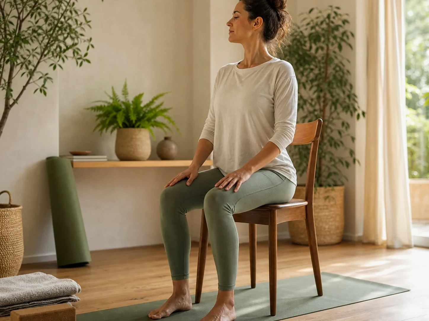 Séance de yoga accessible avec chaise et supports pour accueillir différents corps et besoins.
