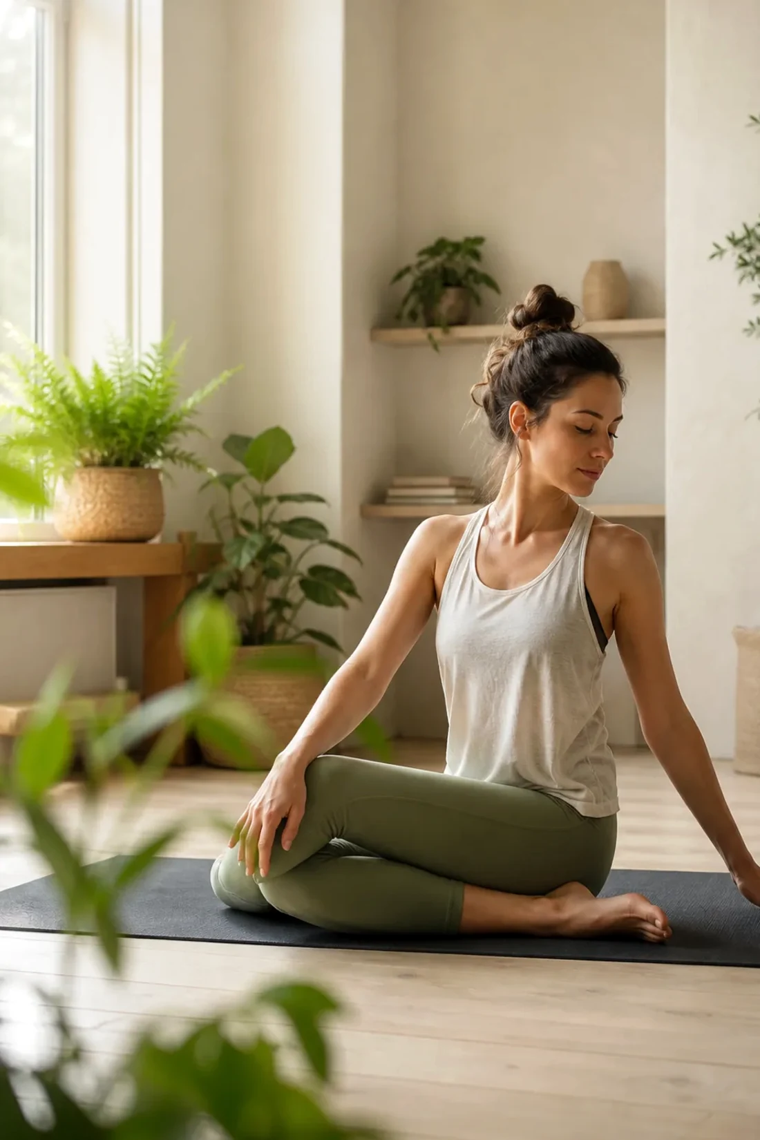 Séance de yoga douce avec supports pour représenter une pratique ouverte à différents besoins.
