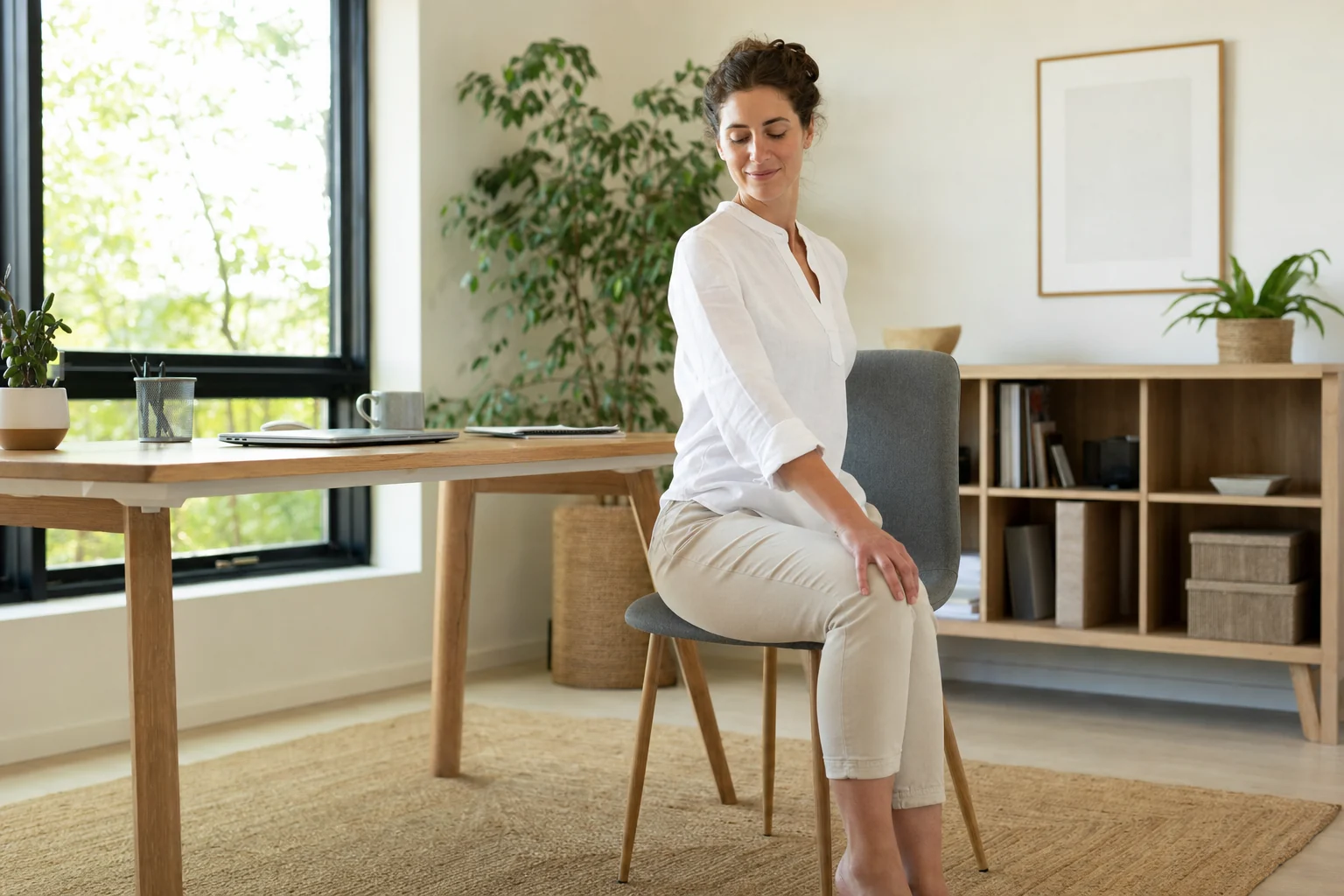 Personne assise sur une chaise stable dans un bureau lumineux pour une pause de yoga douce