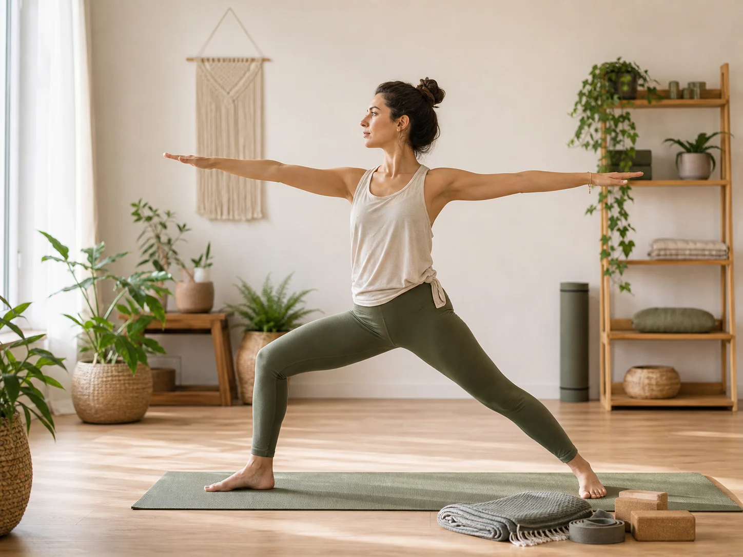 Personne pratiquant une posture de yoga débutant dans une pièce lumineuse