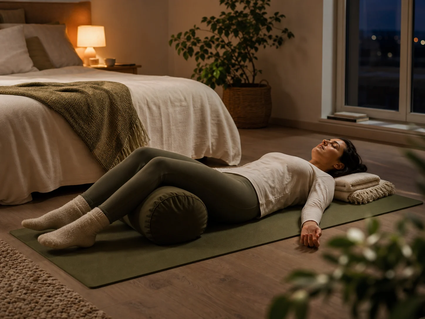 Personne installée en relaxation de yoga nidra avec coussin et couverture dans une chambre calme
