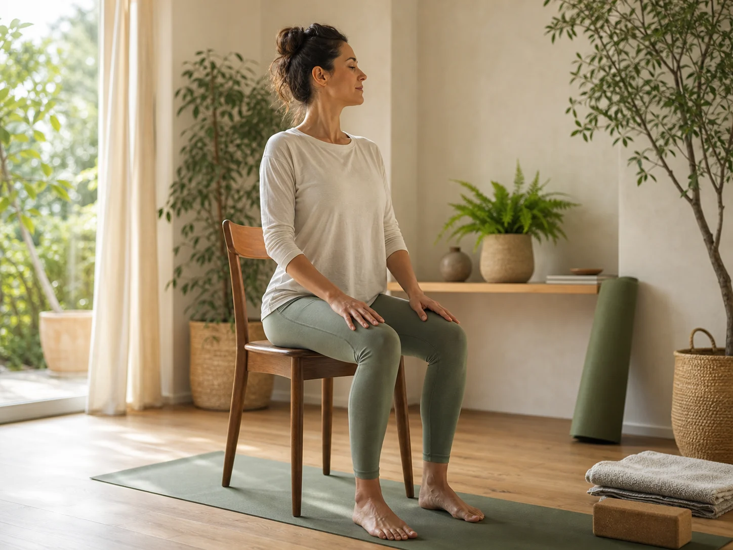Personne pratiquant un mouvement doux de yoga assis sur une chaise stable