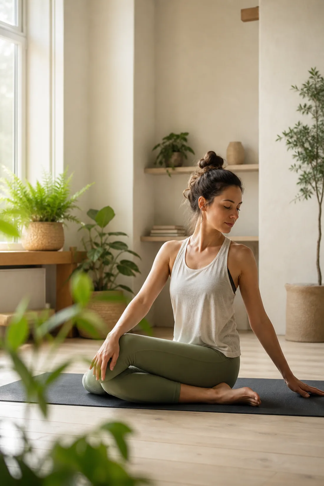 Pratique douce de yoga dans une pièce lumineuse avec des plantes
