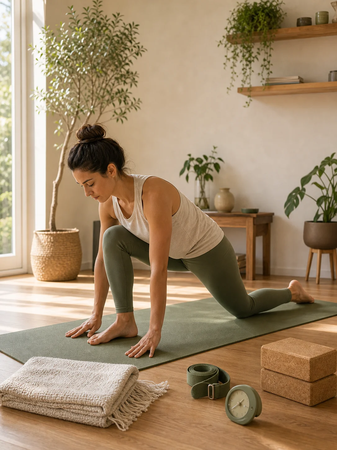Posture de yoga matinale simple avec tapis, couverture, blocs, sangle et minuteur